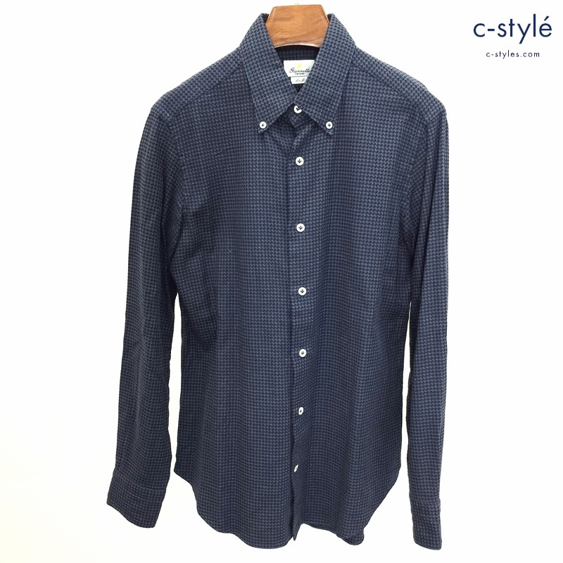 GIANNET ジャンネット シャツ 15・3/4 40 ネイビー 長袖 チェック柄 千鳥格子 イタリア製 綿100