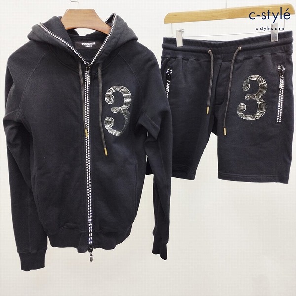 1PIU1UGUALE3 RELA×ラインストーン 3ロゴ パーカー ショートパンツ S 黒 セットアップ 綿100 長袖