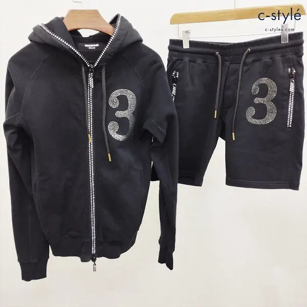 1PIU1UGUALE3 RELA×ラインストーン 3ロゴ パーカー ショートパンツ S 黒 セットアップ 綿100 長袖