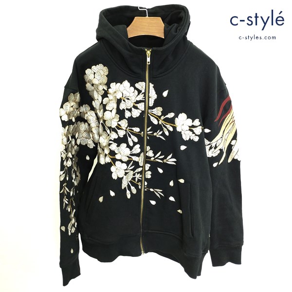 絡繰魂 カラクリダマシイ 枝垂れ桜に鳳凰 ZIPパーカー XL ブラック 和柄 綿100 フーディー