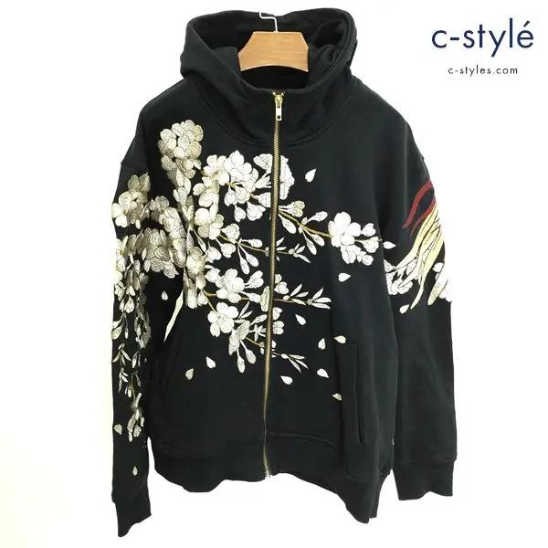 絡繰魂 カラクリダマシイ 枝垂れ桜に鳳凰 ZIPパーカー XL ブラック 和柄 綿100 フーディー