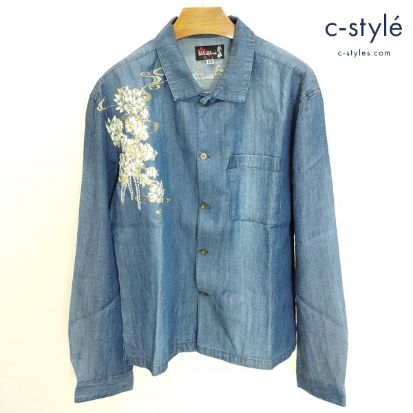 抜刀娘 バットウムスメ 三姫デニム和柄 長袖シャツ M インディゴ 281981 三人娘 刺繍