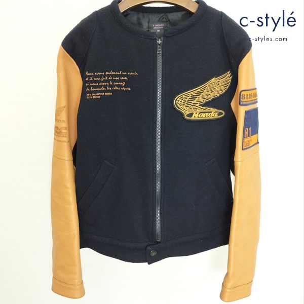 HONDA×SHINICHIRO ARAKAWA ノーカラースタジアムジャンパー M 紺×オレンジ レザー切替 日本製