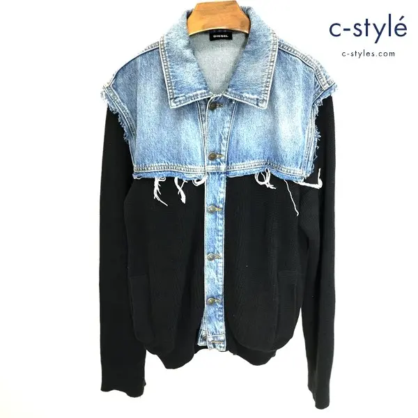DIESEL デニム切替ニットジャケット S ブラック×インディゴ シャツ イタリア製 WEIRD AS HELL