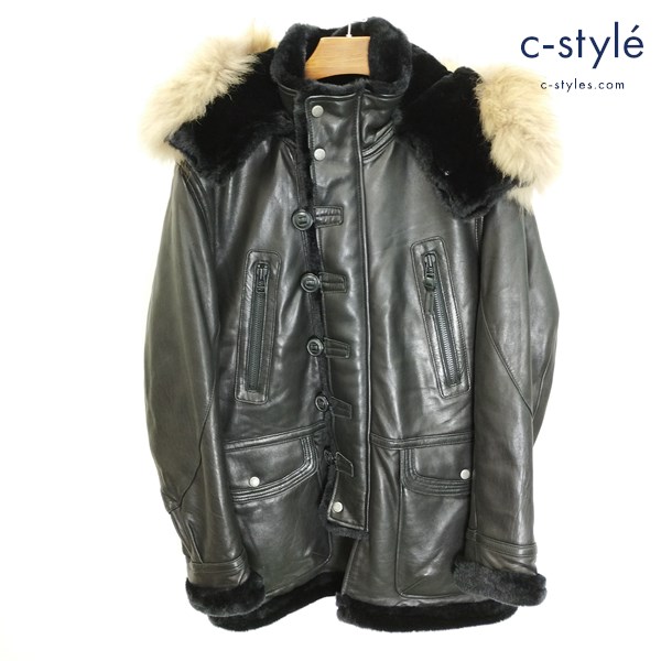 AVIREX アヴィレックス ファーフードハーフコート M ブラック 6191012 羊革 レザージャケット ライダース