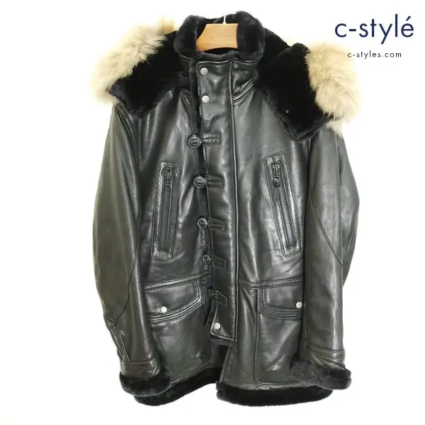 AVIREX アヴィレックス ファーフードハーフコート M ブラック 6191012 羊革 レザージャケット ライダース