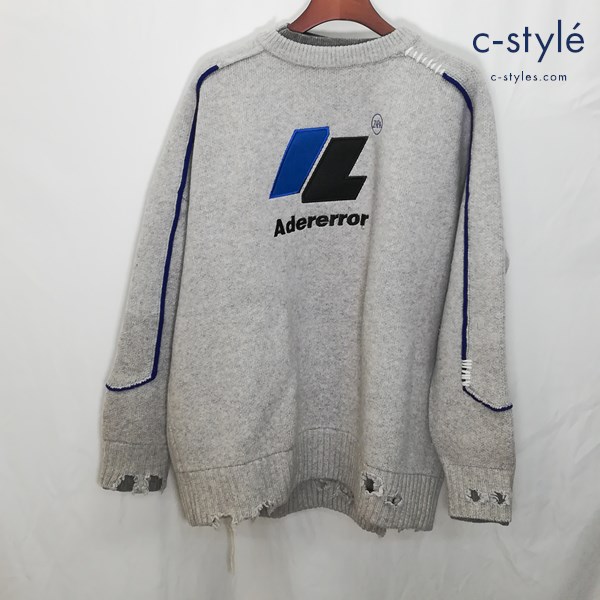 ZARA×ADER ERROR ドッキングニットセーター L XL グレー 厚手 長袖 ロゴ刺繍 ダメージ加工