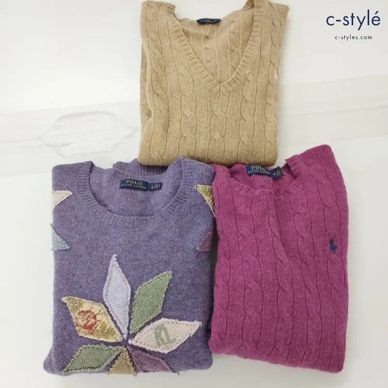 POLO RALPH LAUREN パッチワークニットセーター L カシミア混 ウールケーブルニットセーター M 計3点