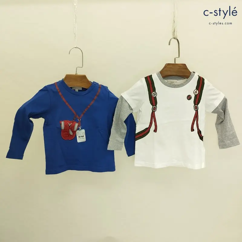 GUCCI グッチ 長袖シャツ 18/24ｍ ブルー ホワイト×グレー Ｔシャツ ロゴプリント キッズ 男の子 計2点