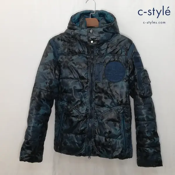 AVIREX アヴィレックス ダウンジャケット M ブルー カモフラ 迷彩 フード付き パッチワーク