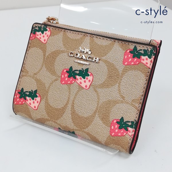COACH コーチ 二つ折り財布 ベージュ いちご柄 ミニ財布 シグネチャー