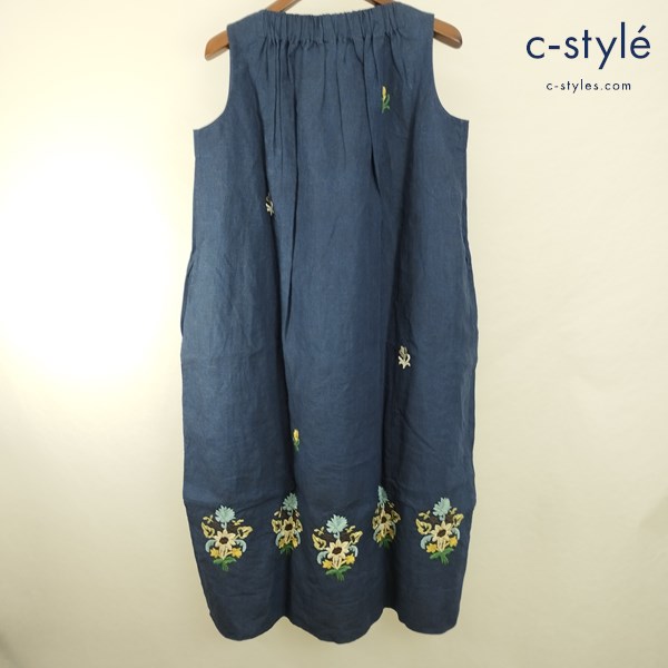 45R フォーティーファイブアール ノースリーブワンピース 0 ネイビー系 花柄 刺繍 麻100 8075044