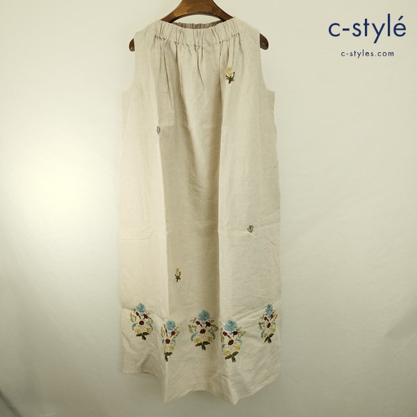 45R フォーティーファイブアール ノースリーブワンピース 0 ベージュ 花柄 刺繍 麻100 リネン 日本製