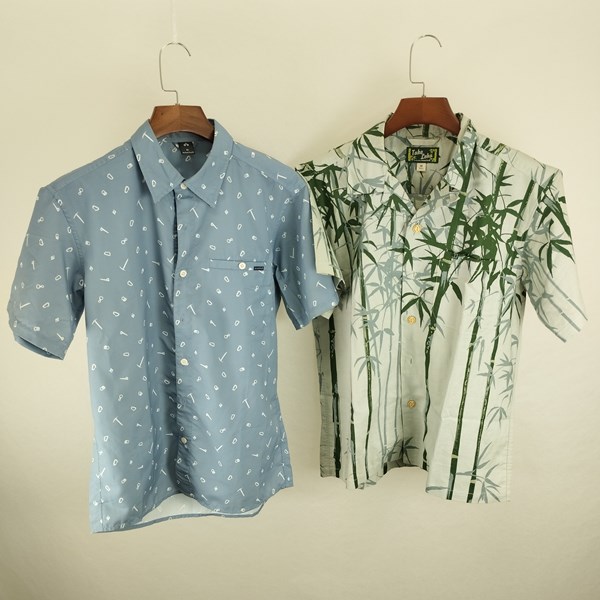 mont-bell モンベル 半袖シャツ M ブルー グリーン系 TAKEロハ アロハシャツ 総柄