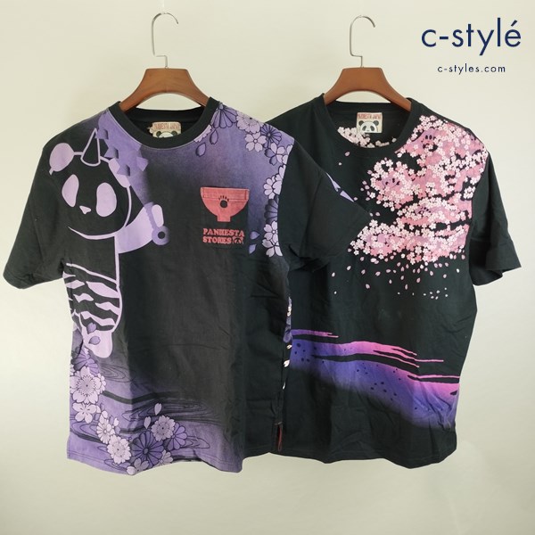 PANDIESTA JAPAN パンディエスタジャパン 半袖Tシャツ ブラック 花咲パンダ XXL 一寸熊猫 XL 刺繍 和柄