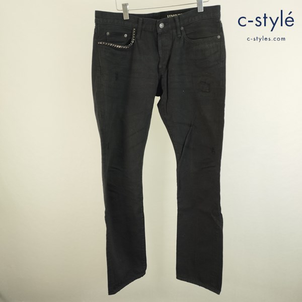 HYSTERIC GLAMOUR ブラックデニムパンツ W34 ブラック ストレートパンツ 0243AP16 クラッシュ加工