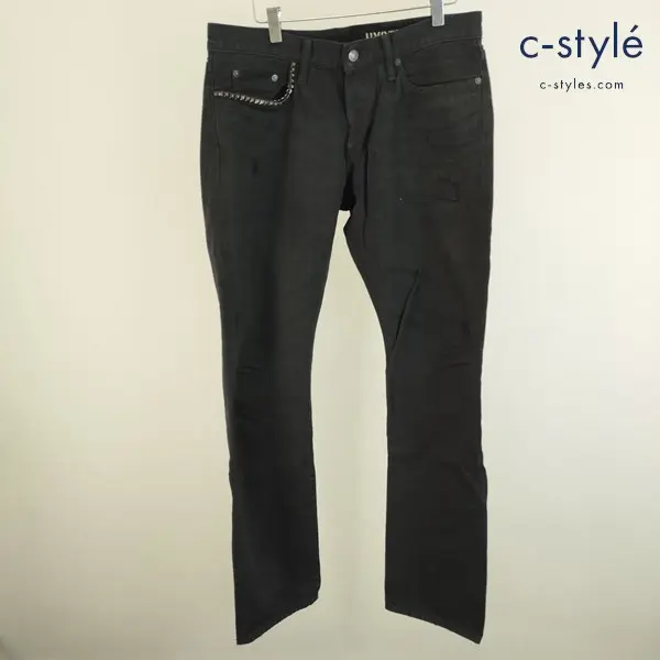 HYSTERIC GLAMOUR ブラックデニムパンツ W34 ブラック ストレートパンツ 0243AP16 クラッシュ加工