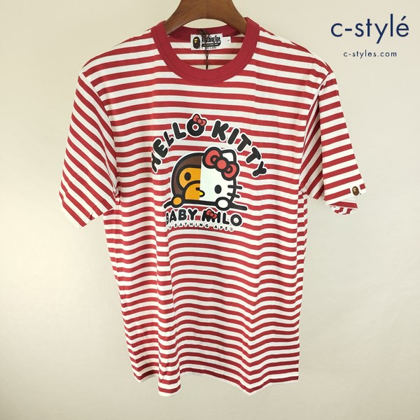 A BATHING APE アベイシングエイプ Tシャツ L ホワイト×レッド ハローキティ ボーダー