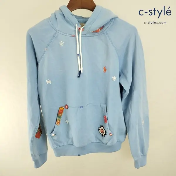 POLO RALPH LAUREN ポロラルフローレン パーカー M ブルー パッチワーク ビーズ ダメージ加工