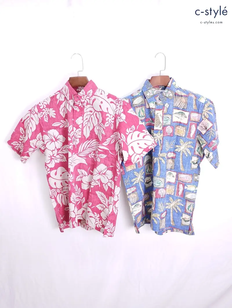 Reyn Spooner レインスプーナー アロハシャツ S ブルー系 レッド系 半袖 ハーフボタン ハイビスカス 海