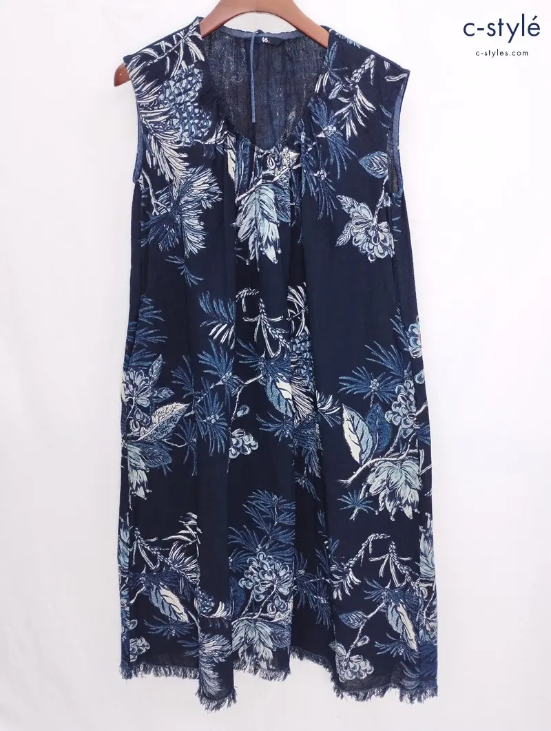 45R フォーティーファイブアール ノースリーブワンピース 0 ネイビー 花柄 綿100% レディース