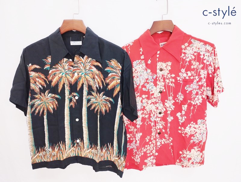 SUN SURF サンサーフ アロハシャツ 2枚 S ブラック オレンジ系 レーヨン100% 半袖 総柄