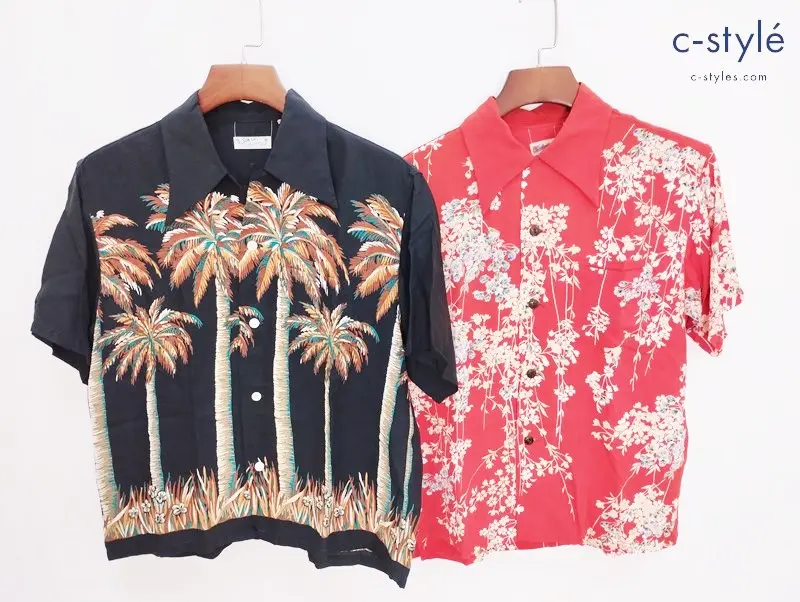 SUN SURF サンサーフ アロハシャツ 2枚 S ブラック オレンジ系 レーヨン100% 半袖 総柄