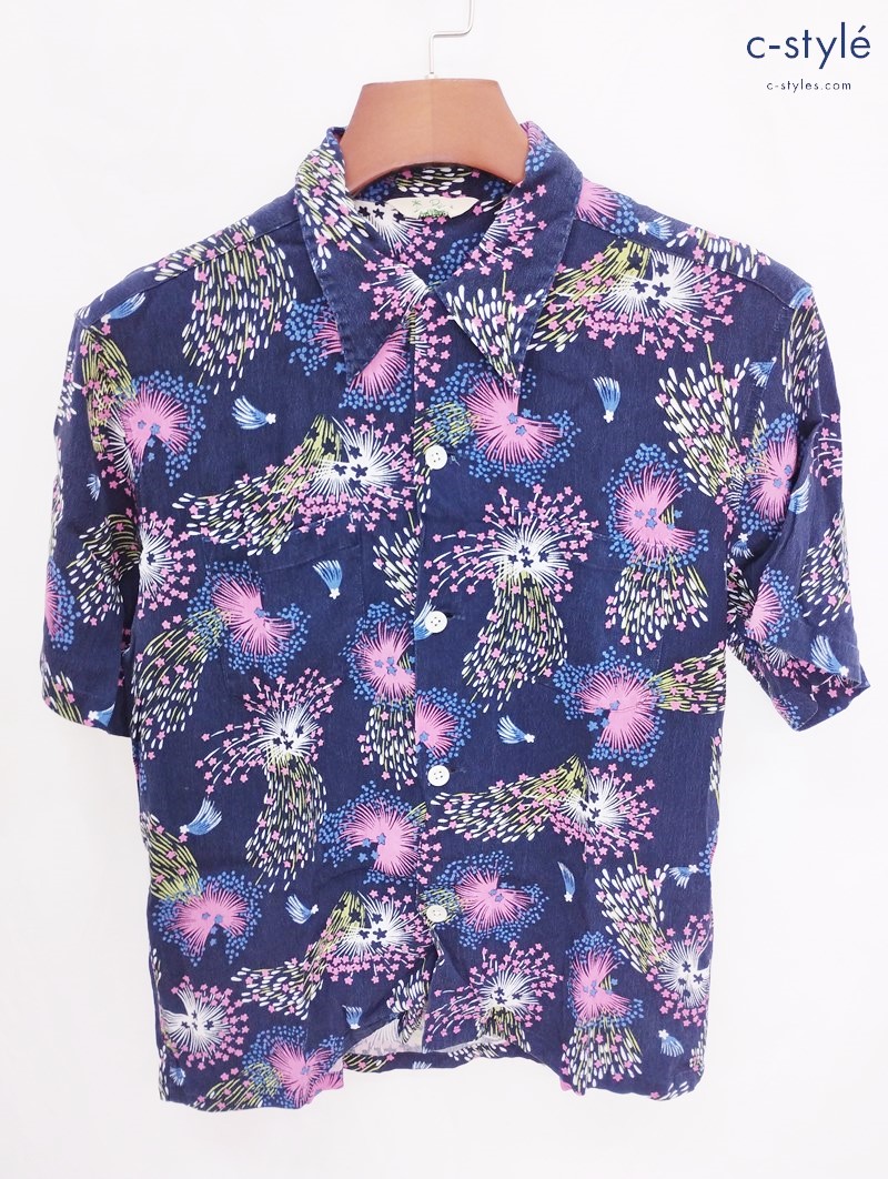 THE FLAT HEAD フラットヘッド アロハシャツ S ネイビー 半袖 花火 レーヨン100% PALMS LABEL