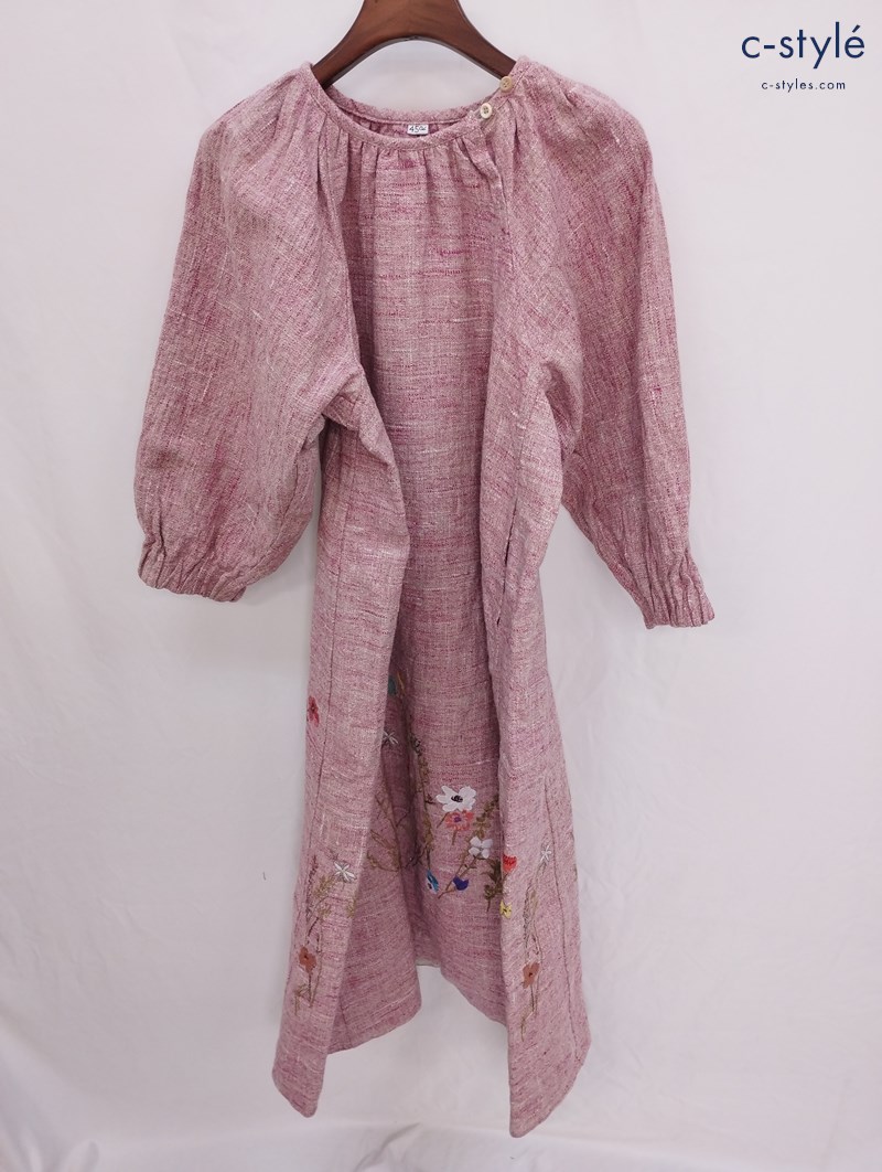 45R フォーティーファイブアール 綿麻ツイード刺繍のプカパフドレス ワンピース フリーサイズ ピンク系