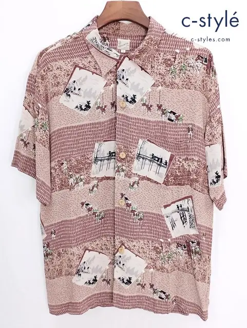 SUN SURF サンサーフ 半袖 アロハシャツ L あずき色 S30211 MUSASHIYA 参勤交代