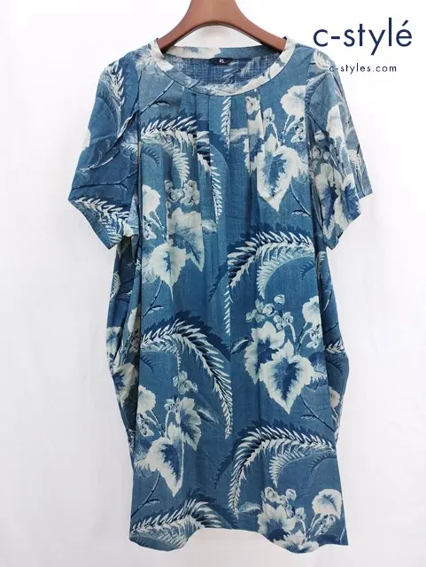 45R フォーティファイブアール 半袖ワンピース 0 インディゴ系 コットン100％ 総柄 ボタニカル