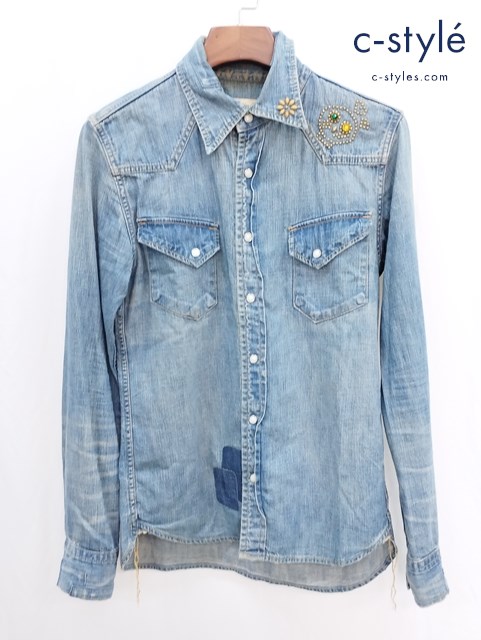 REMI RELIEF レミレリーフ ウエスタンデニムシャツ 長袖 フラワースタッズ ダメージ加工 S インディゴ