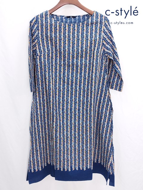 45R フォーティーファイブアール ワンピース 0 ネイビー ヒッコリー 花 ストライプ プリント 藍染 コットン