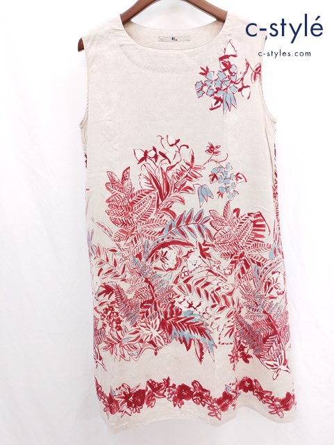 45R フォーティーファイブアール ワンピース 0 ベージュ×レッド 草 花 リネン