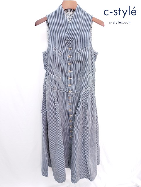 45R フォーティファイブアール コットンリネン ノースリーブ ワンピース ネイビー×ホワイト ストライプ