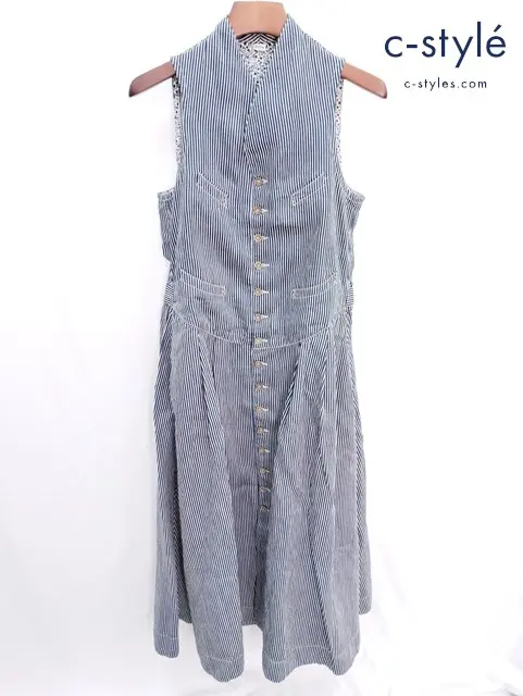 45R フォーティファイブアール コットンリネン ノースリーブ ワンピース ネイビー×ホワイト ストライプ