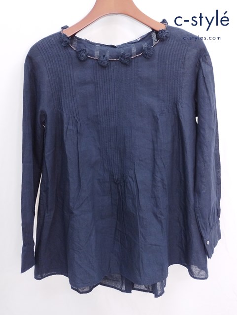 45R フォーティファイブアール ブラウス 1 ネイビー コットン100％ ビーズ ポンポン装飾 レディース