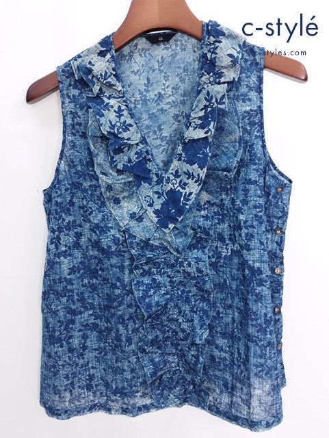 45R フォーティファイブアール ノースリーブ ブラウス 3 インディゴ コットン100％ フリル 柄 レディース