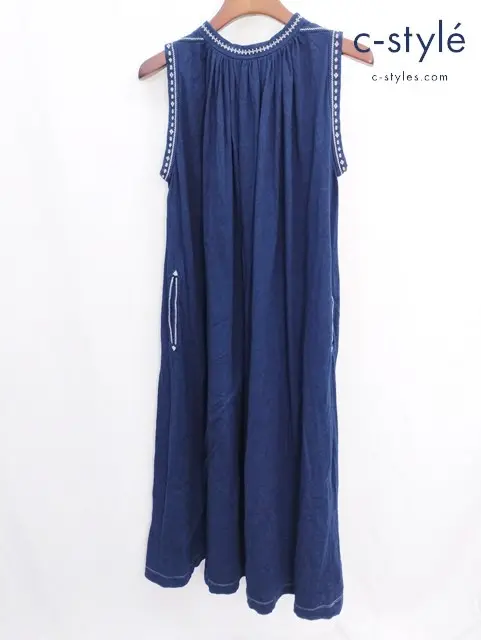 45R フォーティーファイブアール ノースリーブワンピース 0 ネイビー コットン 刺繍 インディゴ