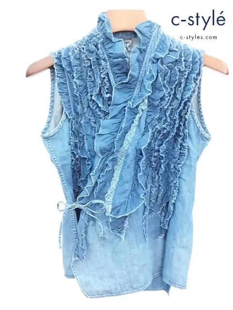 45R ゴマデニム×天竺のフリルノースリーブトップ 1 インディゴ 藍染 レディース