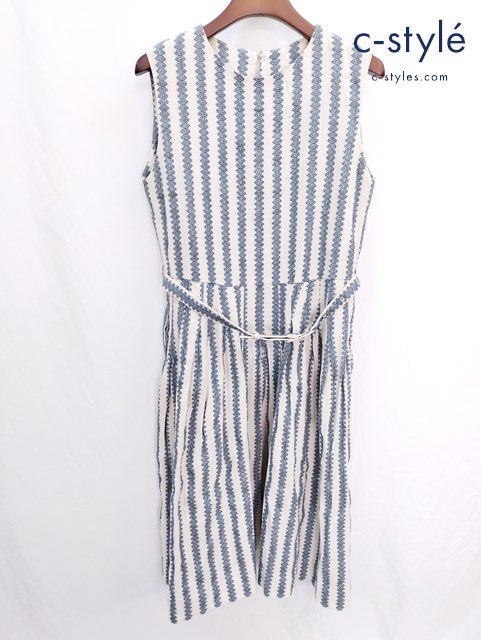 45R ノースリーブワンピース 2 クリーム系 刺繍 ストライプ コットン ベルト付き