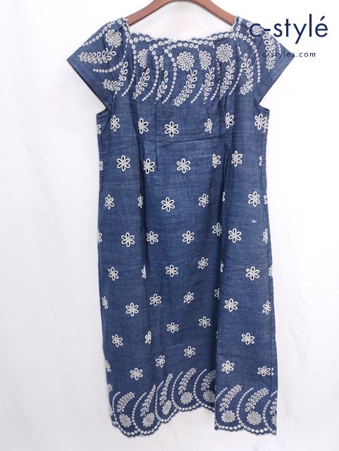 45R フォーティーファイブアール デニムワンピース 0 インディゴ 花 植物 刺繍 半袖 コットン