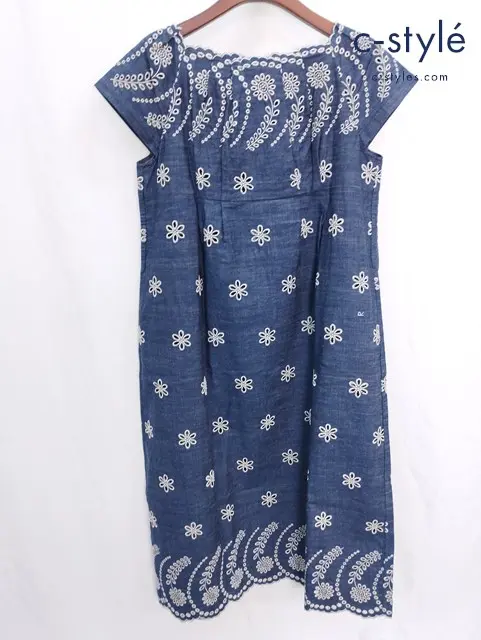 45R フォーティーファイブアール デニムワンピース 0 インディゴ 花 植物 刺繍 半袖 コットン
