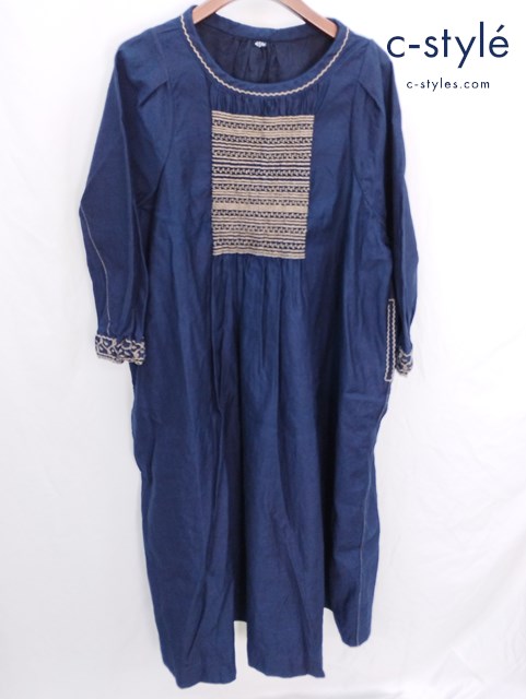 45R フォーティーファイブアール 粟サテンのスモッキングドレス インディゴ 刺繍 藍染 コットン