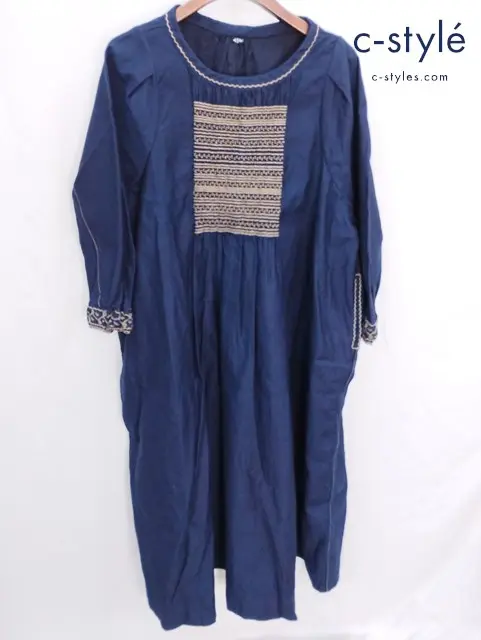 45R フォーティーファイブアール 粟サテンのスモッキングドレス インディゴ 刺繍 藍染 コットン