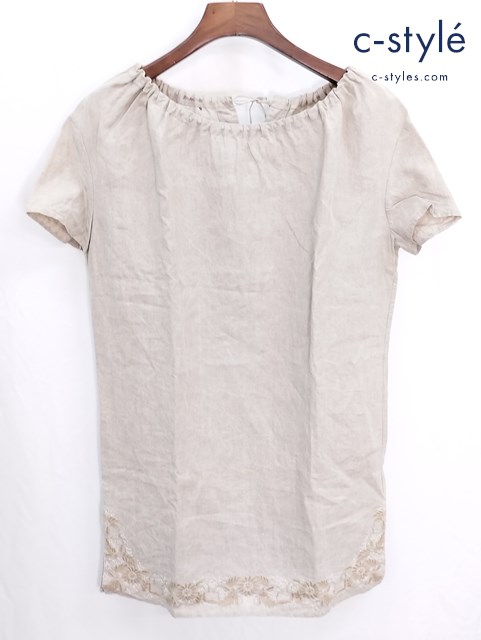 45R フォーティーファイブアール スモックリネンワンピース 1 ベージュ 花 植物 刺繍 半袖