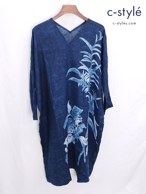 45R フォーティーファイブアール リネンワンピース 0 インディゴ 鳥 藍染