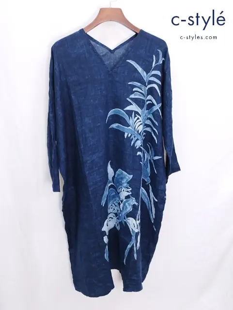 45R フォーティーファイブアール リネンワンピース 0 インディゴ 鳥 藍染