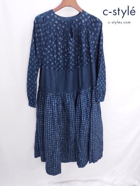 45R フォーティーファイブアール ドットミックスプリントのドレス インディゴ コットン ワンピース