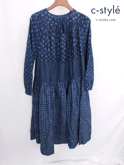 45R フォーティーファイブアール ドットミックスプリントのドレス インディゴ コットン ワンピース